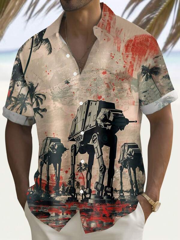 Vintage War Art Gradient 3D Digital Print Plus Size Men Button Pocket Short Sleeve Shirt