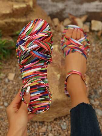 女士圆头松紧带平底凉鞋，休闲交叉带凉鞋，适合夏季穿着，轻便沙滩鞋