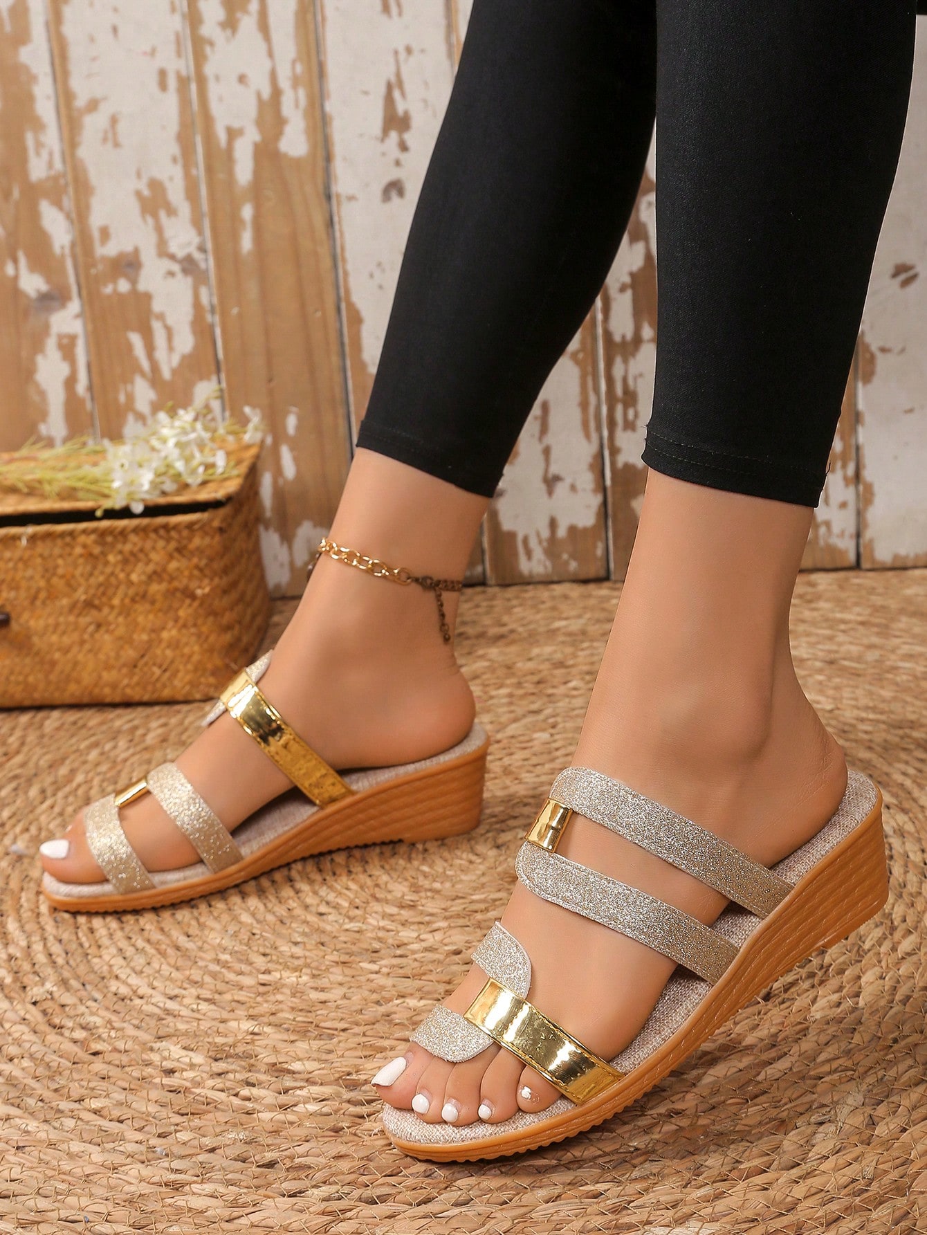 صنادل كعب منحرف للنساء، كعب مطبوع بالألوان مفتوح ا...