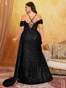 Elisanya UNITHORSE Plus Size Cold Shoulder Back Cross Straps With Open Back Design, Fishbone Split Front, Elongated Leg Line Advanced Elegant Glitter Dress Formal Evening Wedding Guest Gown, For Graduation, Dinner Party Dress, Fall Women Clothes