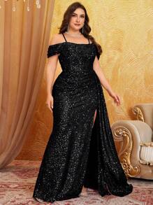Elisanya UNITHORSE Plus Size Cold Shoulder Back Cross Straps With Open Back Design, Fishbone Split Front, Elongated Leg Line Advanced Elegant Glitter Dress Formal Evening Wedding Guest Gown, For Graduation, Dinner Party Dress, Fall Women Clothes