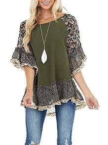 Women's Half Sleeve Blouse, Leopard Floral Printed Patchwork Round Neck Loose Fit Tops, Casual Simple Style Shirt - 軍綠色 - 查看 2