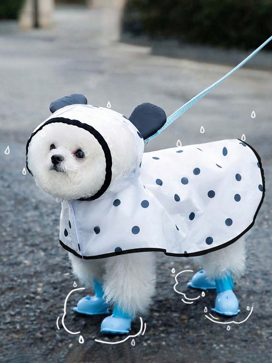 LUCKIE LABO 1pc Polka Dot Panda Ear Design Black Edged Waterproof Raincoat, Suitable For Cats & Dogs Going Outdoor In Rainy Days - Black and White - View 1