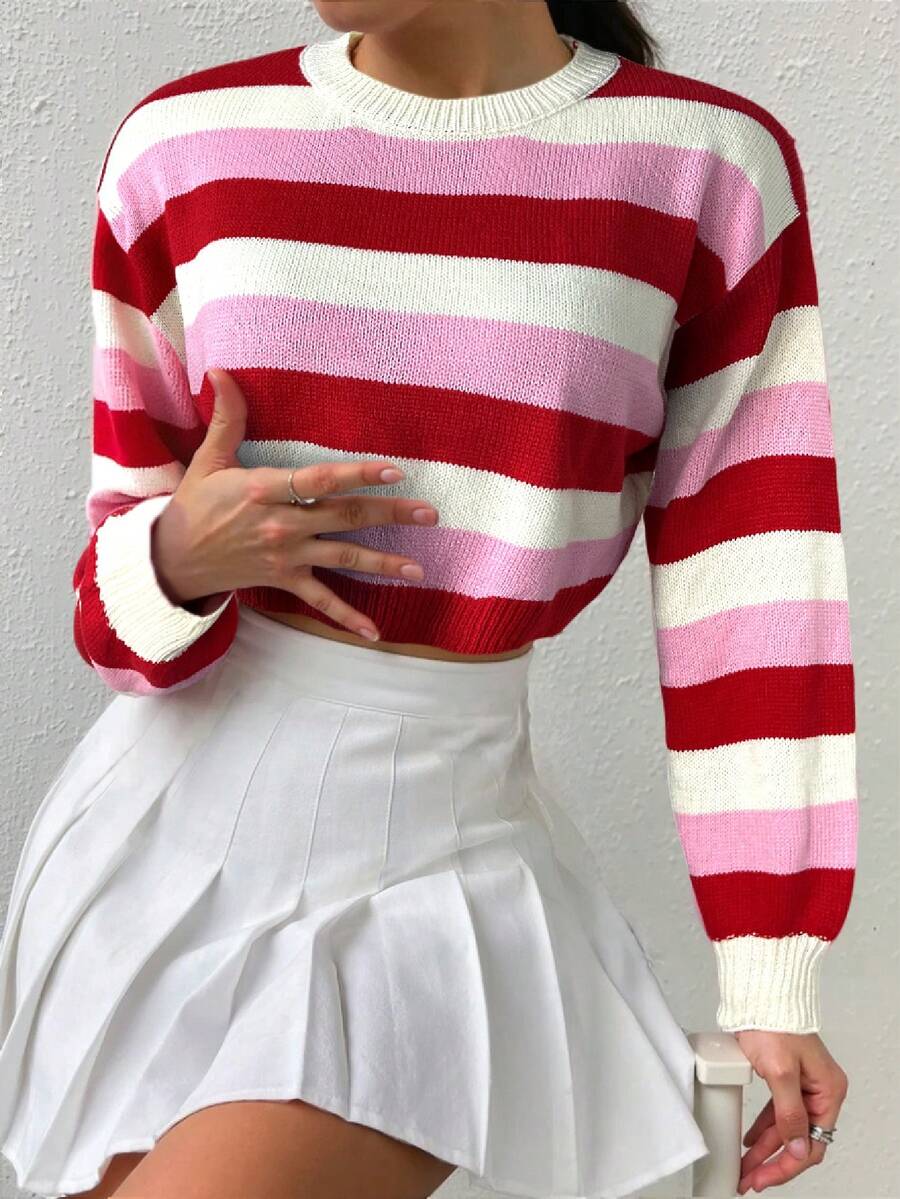 Áo len chui đầu kẻ sọc ombre cổ tròn dáng rộng - Đỏ và trắng - Xem 1