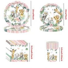 10 件粉色丛林生日派对用品套装粉色丛林主题派对动物生日装饰餐具套装野生生日派对纸盘杯子餐巾餐具适用于 1-5 岁生日性别揭示桌面装饰促销 - 彩色 - 查看 2