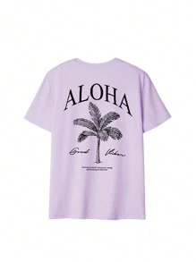 Women's New Palm Tree Slogan Print Casual Round Neck Short Sleeve T-Shirt, Fashionable Resort Style, Your Daily Essential Item. Graphic Tee Summer - Purple - View 4