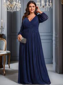 EVER-PRETTY Plus Size Elegant Deep V-Neck Lantern Sleeve Formal Evening Prom Dresses