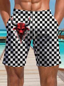 Men's 3D Printed Plaid Ox Hawaiian Beach Shorts, Summer - Multicolor - View 4