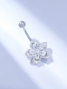 1 件镀银优雅五瓣花设计不锈钢女士肚脐首饰 - 美丽闪亮的方晶锆石泪珠形状，是送给家人和朋友、狂欢节、海滩派对的理想生日礼物 - 銀色 - 查看 2
