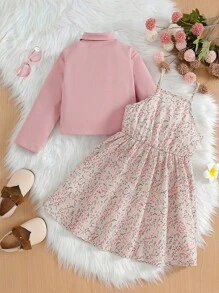 2 pezzi Set giacca con colletto di moda e vestito a tubino con stampa floreale per ragazze giovani, elegante, nuovo arrivo primavera/autunno