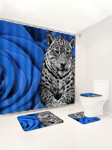 1pc/4pcs Valentine's Day Blue Rose & Leopard Print Bathroom Decor Set: Waterproof Shower Curtain With 12 Hooks, Anti-Slip Bath Mat, U-Shaped Toilet Cover Mat, Multi-Functional Bathroom Accessories - Multicolor - View 5