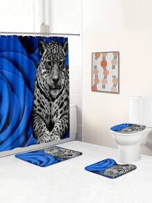 1pc/4pcs Valentine's Day Blue Rose & Leopard Print Bathroom Decor Set: Waterproof Shower Curtain With 12 Hooks, Anti-Slip Bath Mat, U-Shaped Toilet Cover Mat, Multi-Functional Bathroom Accessories - Multicolor - View 4