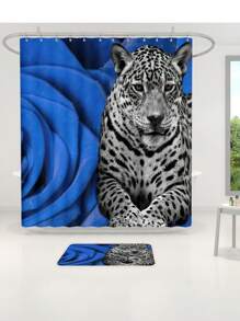 1pc/4pcs Valentine's Day Blue Rose & Leopard Print Bathroom Decor Set: Waterproof Shower Curtain With 12 Hooks, Anti-Slip Bath Mat, U-Shaped Toilet Cover Mat, Multi-Functional Bathroom Accessories - Multicolor - View 7