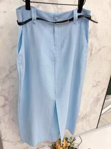 Midi Skirt With Belt High Waist Slit - Baby Blue - View 4