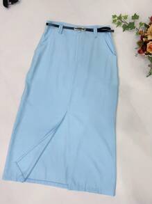 Midi Skirt With Belt High Waist Slit - Baby Blue - View 3