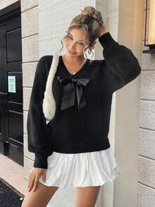 女士优雅纯色 V 领蝴蝶结装饰套头针织毛衣，时尚秋冬装，长袖上衣