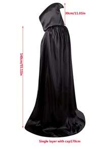 1 pieza Capa negra con capucha para adultos en Halloween, capa de disfraz de una sola capa para bruja, vampiro, demonio, adecuada para varios festivales, fiestas, actuaciones, decoraciones, tela de satén, longitud total 1,7 metros Capa negra