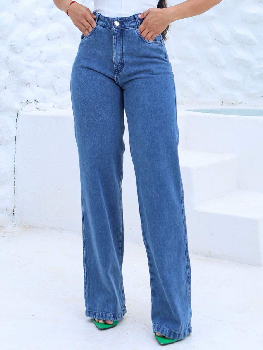 Wide Leg Medium Free Premium Denim Fashion Bloggers - 中等水洗藍 - 查看 1