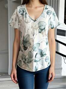 女士 V 领短袖休闲随机花卉印花 T 恤，夏季