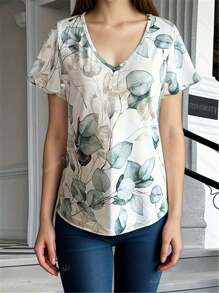 T-shirt casual à col V, manches courtes pour femmes, imprimé floral aléatoire, été