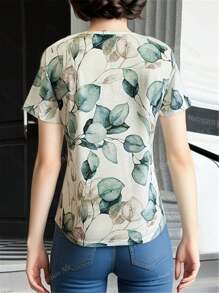 T-shirt casual à col V, manches courtes pour femmes, imprimé floral aléatoire, été