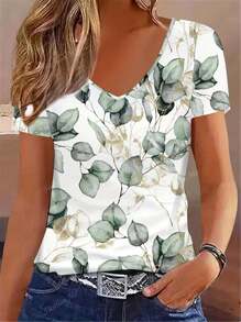 T-shirt casual à col V, manches courtes pour femmes, imprimé floral aléatoire, été