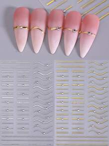2 pièces Autocollants pour ongles avec lignes et rayures dorées et argentées. Décalcomanies d'ongles 3D à rayures métalliques avec des cristaux et des strass. Fournitures d'art pour manucure DIY autoadhésives pour femmes et filles, décoration des ongles - Multicolore - Voir 12