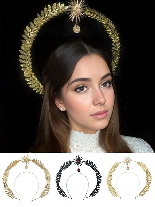 Halo Crown Mary Goddess Headband, Gold Headpiece Sun Tiara, Queen Crown Sunburst Headwear Golden Leaf Head Hoop Bridal Headdress For Party Cosplay Costume Photoshoot Accessories Back To School