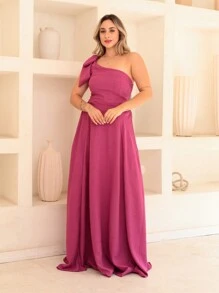 Victoria Long Luxury Dress Plain Duna Linen With Bow One Shoulder - Rose Red - View 1