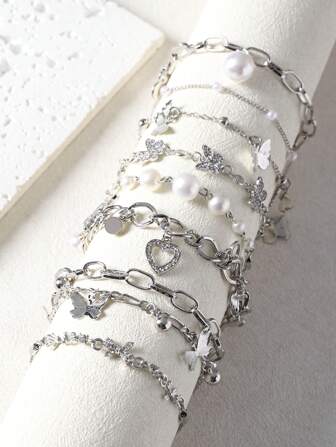 8 件/1 件套迷人银色蝴蝶仿珍珠和水晶手链，适合日常佩戴、派对场合