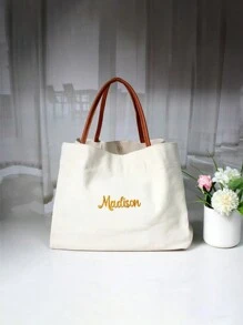 1pc Women's Customized Embroidered Name Canvas Tote Bag, Minimalist Versatile Large Capacity Shoulder Bag, Fashionable Cute Handbag, Shopping Bag Suitable For Daily Commute, Can Be Gift For Family And Friends Bags Ladies