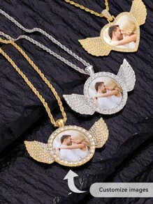 1 pieza Collar personalizado con colgante de metal en forma de ala de ángel y corazón redondo, estilo europeo, unisex, regalo para novio, novia, amigos, boda, San Valentín, Día del Padre, Día de la Madre, cumpleaños, joyería decorada con cristales