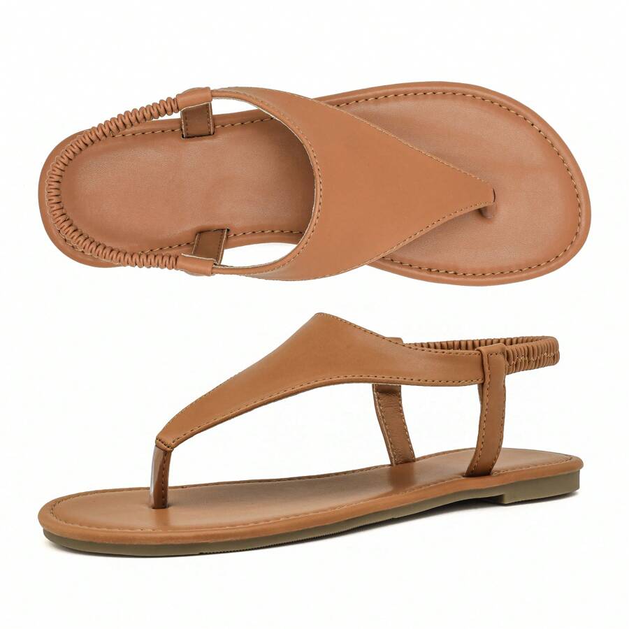 Summer Casual Thong Sandals For Women - Elastic Ankle Strap Flip Flops With Triangle Strap And Flat Design, Perfect For Beach Slippers - Camel - View 1