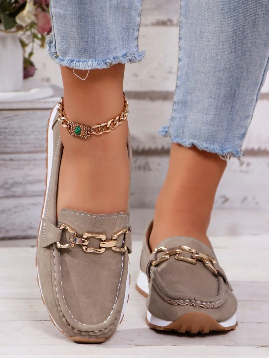 Zapatos planos de mujer con hebilla decorativa, mocasines florales casuales, zapatillas de deporte de caña baja ligeras - Gris - Ver 1