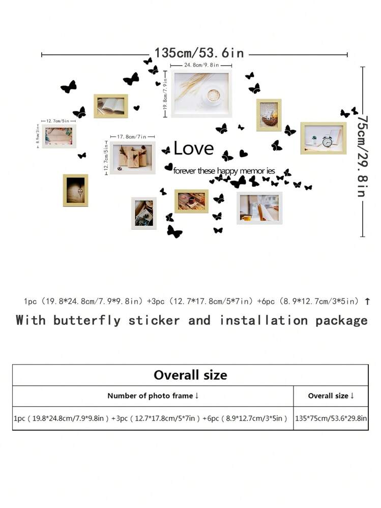 10pcs Wooden Creative Photo Frame Set, Wall Collage Photo Frames For Living Room, Bedroom, Decoration, Includes Butterfly Stickers And Landscape Photos - Multicolor - View 3
