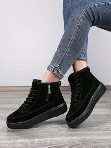 Men's High-Top Boots, Thermal Lined Thick Winter Warm Leather Waterproof Snow Boots, Zipper Closure,Lightweight, Fashion , Cold-Proof, Anti-Slip, Outdoor Street Style, Motorcycle Boots, Short Plush Winter Warm Shoes - Black - View 4