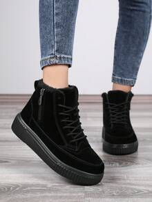 Men's High-Top Boots, Thermal Lined Thick Winter Warm Leather Waterproof Snow Boots, Zipper Closure,Lightweight, Fashion , Cold-Proof, Anti-Slip, Outdoor Street Style, Motorcycle Boots, Short Plush Winter Warm Shoes - Black - View 3