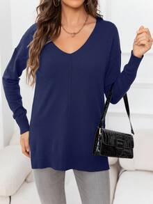 DEARCASE Women's Casual Solid Color V-Neck Drop Shoulder Split Hem Sweater - Navy Blue - View 4