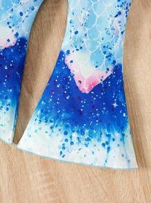 2pcs Girls Casual Cute Shell & Mermaid Tail Print Soft, Comfortable Knit Short Sleeve T-Shirt And Flare Pants Set, Spring/Summer - Blue - View 6