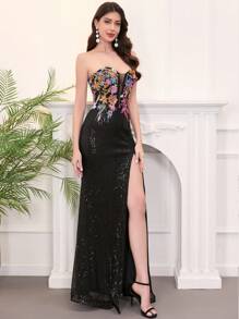 无肩带亮片美人鱼礼服，及地蕾丝亮片晚礼服，开衩设计，适合派对、婚礼宾客、正式场合、盛大晚宴，优雅迷人，情人节佳选。 - 黑色 - 查看 6