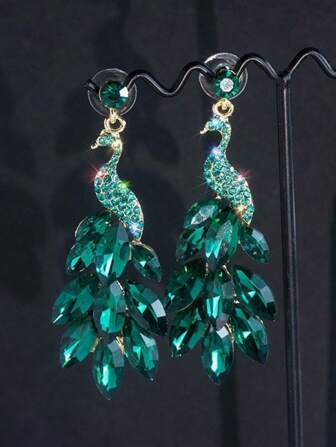 New Peacock Tail Design Crystal Stud Earrings, Shiny Green Color Earrings For Women, Suitable For Party, Banquet, And Daily Outfit