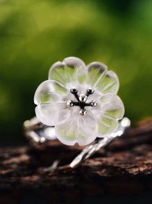 ESBERRY 1pc Crystal Flower Adjustable Ring Thumb Ring For Women S925 Sterling Silver Gold Ring Mother's Day Valentine's Day Gorgeous And Elegant Handmade Fine Ladies Jewelry Gift Valentines - White - View 3