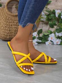女士新款时尚方头纯色红色凉鞋，百搭户外穿着，舒适平绳一脚蹬拖鞋，时尚优雅的拖鞋 - 黃色 - 查看 7