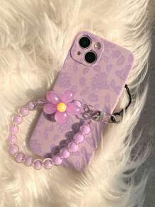 Coque de téléphone avec fleurs, bord droit perforé, feuille noire à motif floral peint, coque de téléphone antichoc avec chaîne violette, compatible avec iPhone 14 Pro Max, 13, 11, XR, 7/8, Galaxy S24, Série A, Série Redmi - Multicolore - Voir 2