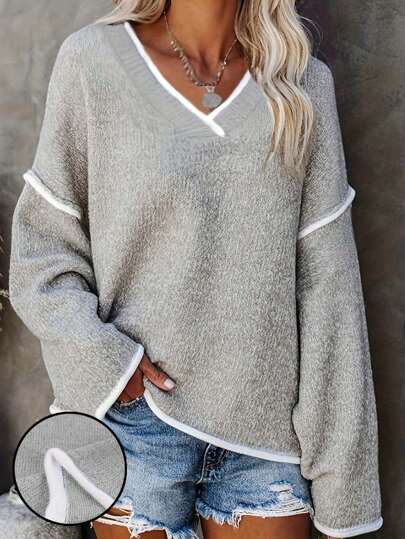 Plus Size Colorblock V-Neck Loose Knit Pullover Sweater