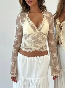 Women Y2K Lace Floral Long Sleeve Shirts Tops Sheer Mesh See-Through Deep V Neck Cross Wrap T-Shirts Slim Fit Going Out Tees Tops Vintage Aesthetic Clothes Streetwear