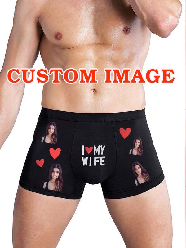 Customized Men's Black Briefs With "I LOVE MY" Letter & Heart Print Design, Intimate Underwear Gift For Holiday, Anniversary