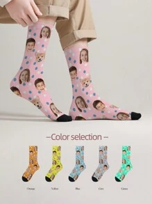 1 双男士中长袜，定制狗脸袜子，个性化宠物脸袜子，带照片定制趣味中筒袜礼物，适合男女，定制情人节生日礼物，适合宠物爱好者女朋友男朋友她他爸爸妈妈最好的朋友的恶作剧礼物