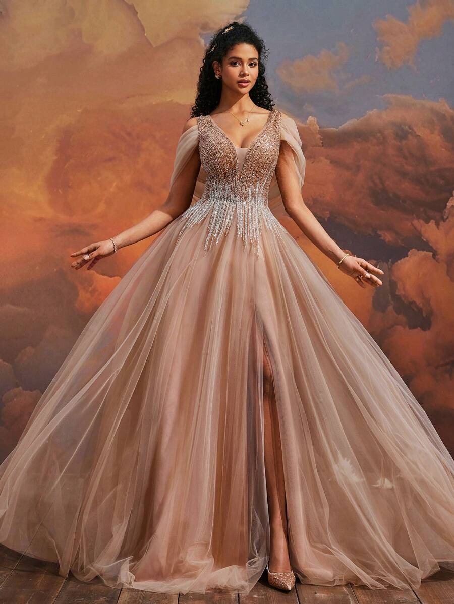 Elisanya 女士奢华香槟色深 V 领高开叉长款薄纱系带后背礼服，适合舞会和宴会的正式晚礼服，梦幻奢华、婚礼和优雅的正式活动、派对礼服、婚礼宾客礼服