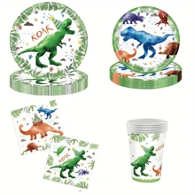 10 件水彩恐龙派对用品恐龙纸盘餐巾纸杯餐具套装一次性生日派对装饰晚餐甜点纸盘午餐餐巾促销